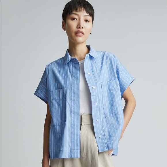 Everlane Tops - Everlane NWOT The Short-Sleeve Box Shirt Size Large Mariner Blue / White Cotton